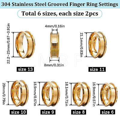 SUNNYCLUE 12Pcs 6 Size 304 Stainless Steel Grooved Finger Ring Settings RJEW-SC0001-02-1