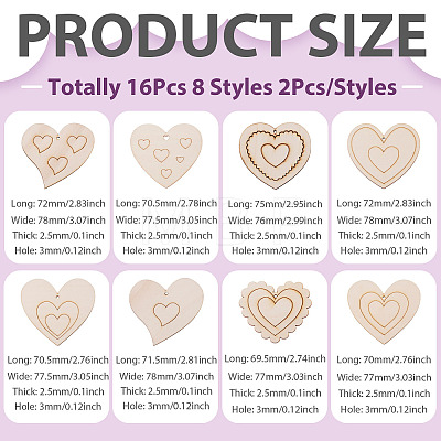 16Pcs 8 Styles Unfinished Wood Heart Pendants WOOD-TA0002-99-1