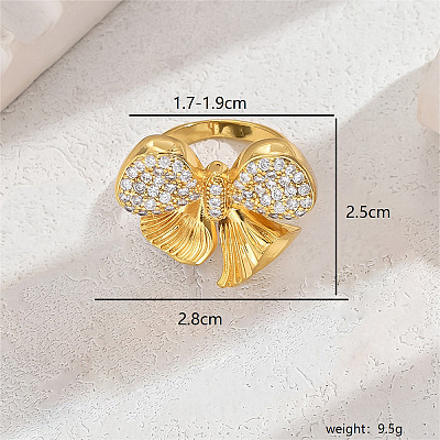 Exaggerated European and American Bowknot Brass Micro Pave Clear Cubic Zirconia Finger Rings for Women QU2931-1-1