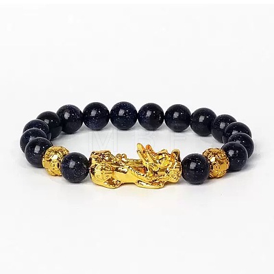 Golden Plated Alloy Pi Xiu 8MM Synthetic Blue Goldstone Round Beaded Stretch Bracelet for Men QJ0349-9-1
