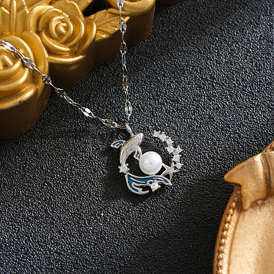 Ocean Brass Pave Clear Cubic Zirconia Fish with Starfish Pendant 201 Stainless Steel Dapped Chain Necklaces for Women WGDA33A-02-1