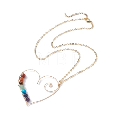 Natural & Synthetic Mixed Gemstone Beaded Alloy Heart Pendant Necklace NJEW-JN04574-1