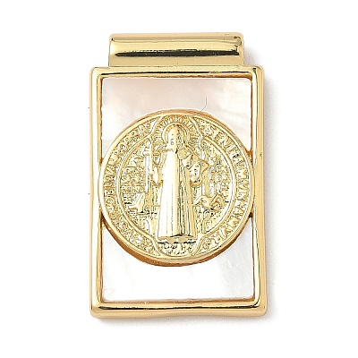 Brass Pave Natural White Shell Religion Rectangle Pendants KK-Q068-32B-G-1