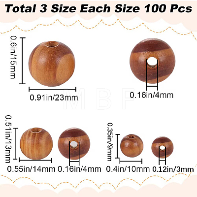 Gorgecraft 300Pcs 3 Styles Round Natural Wood Beads WOOD-GF0001-89B-1