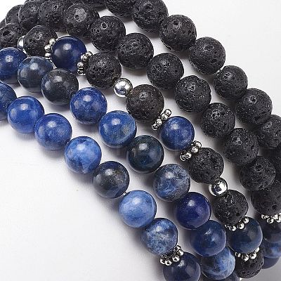 5Pcs 5 Style Natural Lava Rock & Sodalite Stretch Bracelets Set with Alloy Hamsa Hand Beaded BJEW-JB08737-1