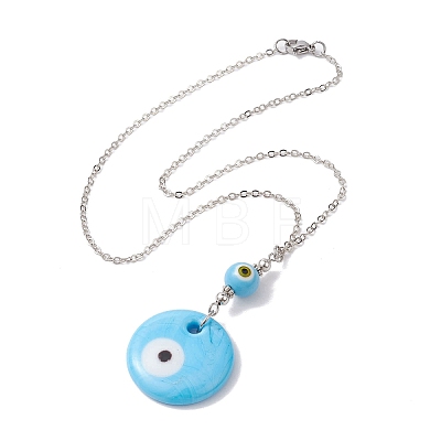 Light Sky Blue Glass Evil Eye Pendant Necklace with Alloy Cable Chains NJEW-JN04650-01-1