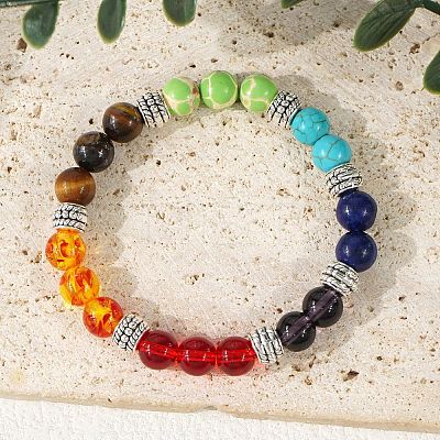 7 Chakra Gemstone and Alloy Round Beaded Stretch Bracelets TK2195-1