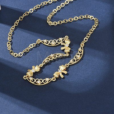 Brass Pave Clear Cubic Zirconia Bowknot and Hollow Moon Link Chain Necklaces NJEW-D348-02G-1