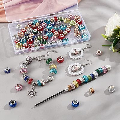  100Pcs 2 Style Polymer Clay Rhinestone & Resin European Large Hole Beads with Silver Color Plated Brass Cores FPDL-NB0001-04-1