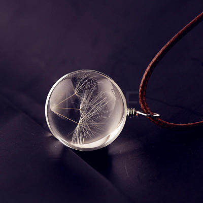 Flat Round Clear Glass Inner Dandelion Pendant Imitation Leather Cord Necklaces for Women FS-WG7DEC0-01-1