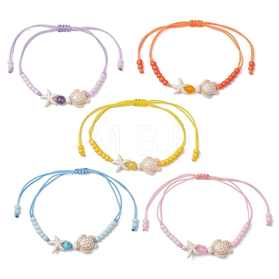 Adjustable Ocean Starfish Turtle Natural Mixed Gemstone & Glass Seed Beads Braided Bracelets BJEW-MZ00324-1