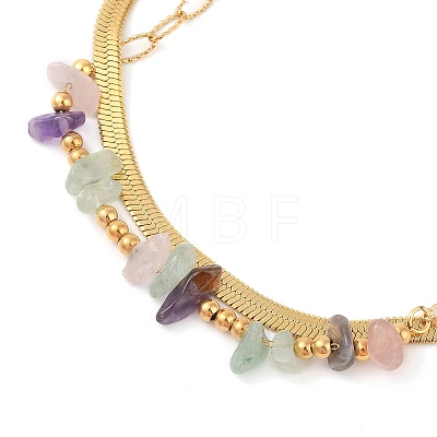 Natural Rose Quartz & Amethyst & Green Aventurine 304 Stainless Steel Double Layer Multi-strand Bracelet for Women BJEW-Z070-01G-02-1