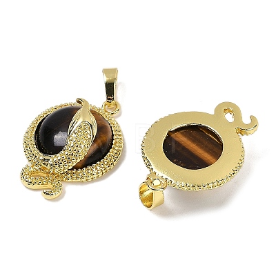 Natural Tiger Eye Flat Round Shaped Brass Pendants KK-F887-03G-25-1