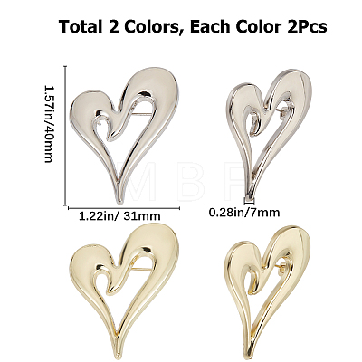 4Pcs 2 Colors Alloy Heart Brooch Pin JEWB-CP0001-11-1