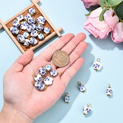 20Pcs Blue & White Floral Printed Porcelain Pendants PALLOY-YW00112-01-1