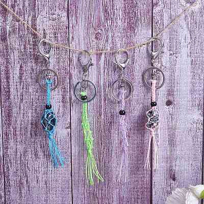 4Pcs 4 Colors Macrame Fringe Braided Keychain AJEW-SW00014-02-1