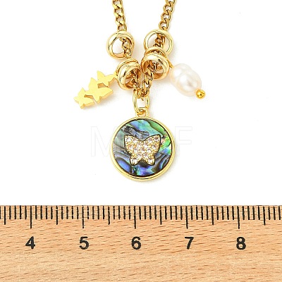 Brass Natural Paua Shell & Pearl Pendant 304 Stainless Steel Curb Chain Necklaces for Women NJEW-JN06258-02-1