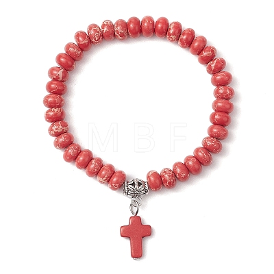 Synthetic Imperial Jasper Beads & Turquoise Cross Stretch Bracelets for Women Men BJEW-JB11382-02-1