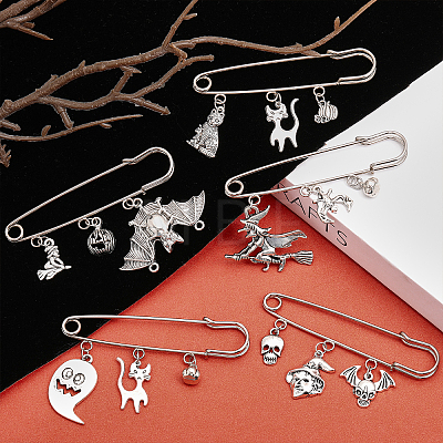 SUPERFINDINGS 8Pcs 8 Style Halloween Pumpkin & Skull & Witch & Cat Zinc Alloy Charms Safety Pin Brooches Set JEWB-FH0001-30-1