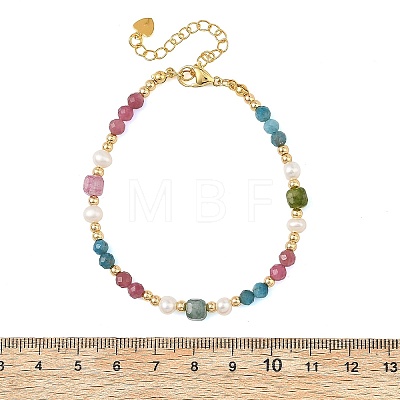 Natural Mixed Gemstone Faceted Round and Cube Beaded Bracelets with Natural Pearl & Brass End Chains BJEW-JB14336-03-1