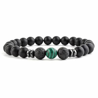 Round Natural Malachite Beaded Stretch Bracelets for Women Men XP2963-4-1