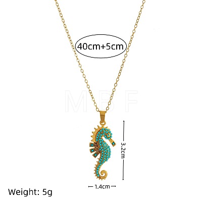 Ocean 304 Stainless Steel Aquamarine Rhinestone Sea Horse Pendant Cable Chain Necklaces for Women WGFC42F-01-1