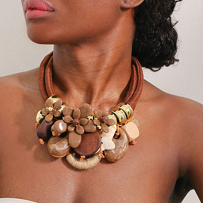 Flower Butterfly Ring Acrylic & Wood Pendant 2-Strand Cotton Cord Bib Necklaces for Women FS-WG99BBE-03-1