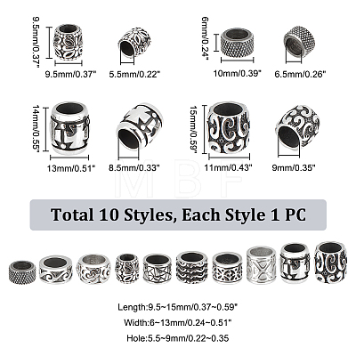   10Pcs 10 Style 304 Stainless Steel European Beads STAS-PH0004-50-1
