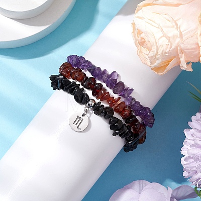 3Pcs 3 Styles Natural Amethyst & Garnet & Obsidian Chips Stretch Bracelets Sets BJEW-JB11076-10-1