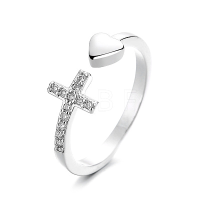 Crystal Rhinestone Cross & Heart Open Cuff Ring RELI-PW0003-04P-1