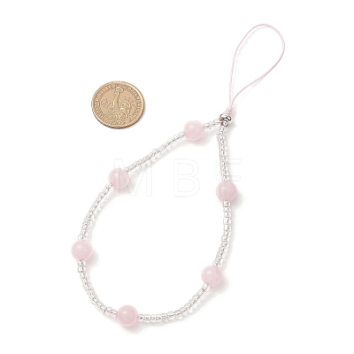 Natural Rose Quartz & Glass Seed Round Beaded Phone Hand Strap Chains HJEW-JM03363-03-1