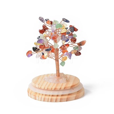 Natural Gemstone Chips Money Tree in Dome Glass Bell Jars with Wood Base Display Decorations DJEW-B007-04E-1