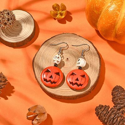 Synthetic Turquoise Pumpkin & Skull Dangle Earrings EJEW-TA00240-1