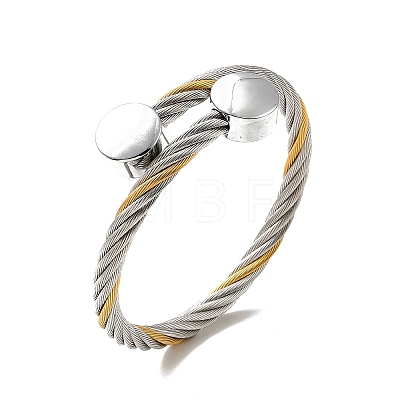 304 Stainless Steel Twist Rope Open Cuff Bangle with Flat Round Beaded for Women BJEW-P283-52-1