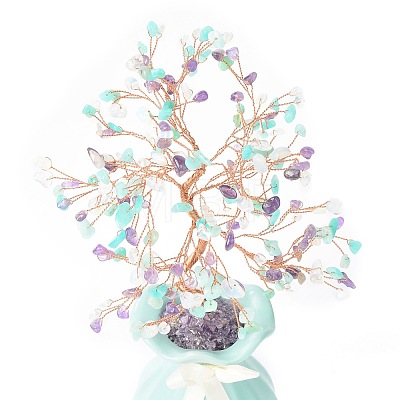 Natural & Synthetic Gemstone Chips with Brass Wrapped Wire Money Tree on Ceramic Vase Display Decorations DJEW-B007-01C-1