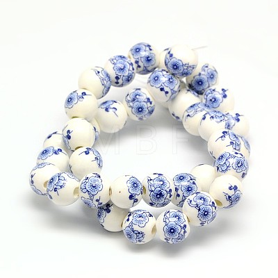 Handmade Flower Printed Porcelain Ceramic Beads Strands PORC-M007-10mm-15-1