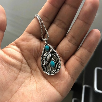 Alloy Resin Imitation Turquoise Teardrop with Feather Pendant Necklaces WG61DB0-01-1