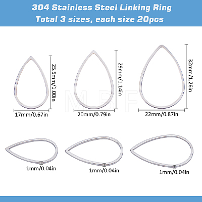 SUNNYCLUE 60Pcs 3 Sizes 304 Stainless Steel Linking Ring STAS-SC0007-44-1