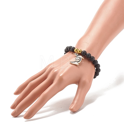 Natural Lava Rock Round Beaded Stretch Bracelet with Halloween Alloy Enamel Charm BJEW-JB08012-1
