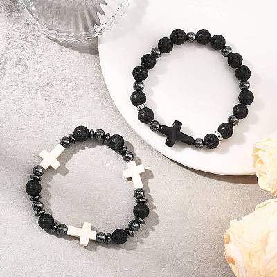 2Pcs 2 Styles Natural Lava Rock & Synthetic Turquoise & Non-magnetic Hematite Cross & Round Beaded Stretch Bracelets for Women Men BJEW-JB13929-1