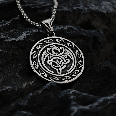 Vintage 304 Stainless Steel Viking Duo Dragon Coin Pendant Necklaces for Men WGF65AB-01-1
