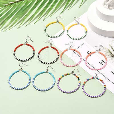 Colorful Glass Seed Beads Big Ring Dangle Earrings for Girl Women EJEW-JE04653-1
