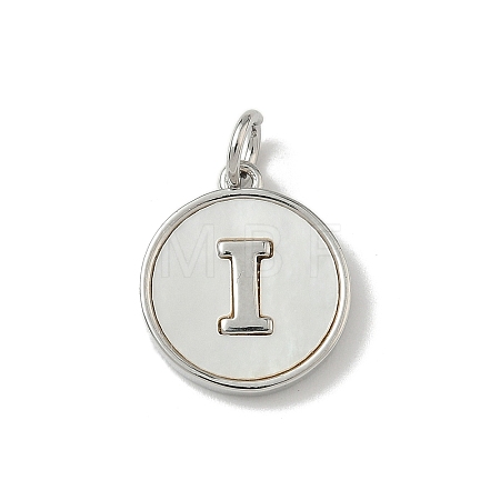 Brass Pave Natural Shell Flat Round with Letter Charms KK-Z115-13P-I-1