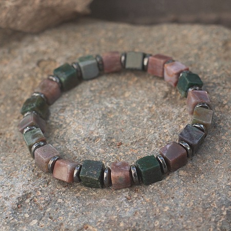 Cube Natural Indian Agate & Synthetic Non-magnetic Hematite Beads Stretch Bracelets for Women Men PF6426-3-1