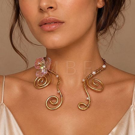 Adjustable Alloy & Resin Flower Spiral Cuff Choker Necklaces with Imitation Pearl WGC7B88-01-1