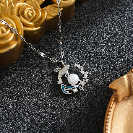 Ocean Brass Pave Clear Cubic Zirconia Fish with Starfish Pendant 201 Stainless Steel Dapped Chain Necklaces for Women WGDA33A-02-1