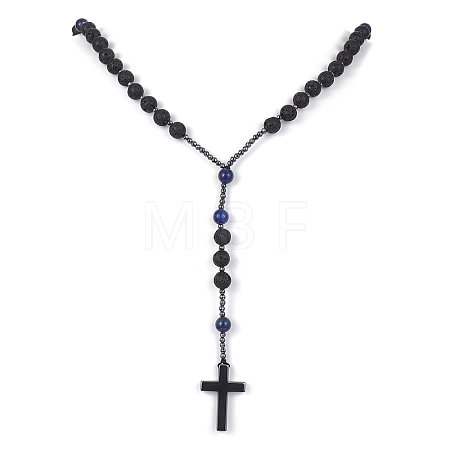 Natural Lapis Lazuli & Lava Rock & Synthetic Hematite Rosary Bead Necklaces NJEW-JN04461-01-1
