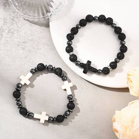 2Pcs 2 Styles Natural Lava Rock & Synthetic Turquoise & Non-magnetic Hematite Cross & Round Beaded Stretch Bracelets for Women Men BJEW-JB13929-1