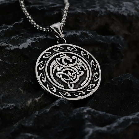 Vintage 304 Stainless Steel Viking Duo Dragon Coin Pendant Necklaces for Men WGF65AB-01-1