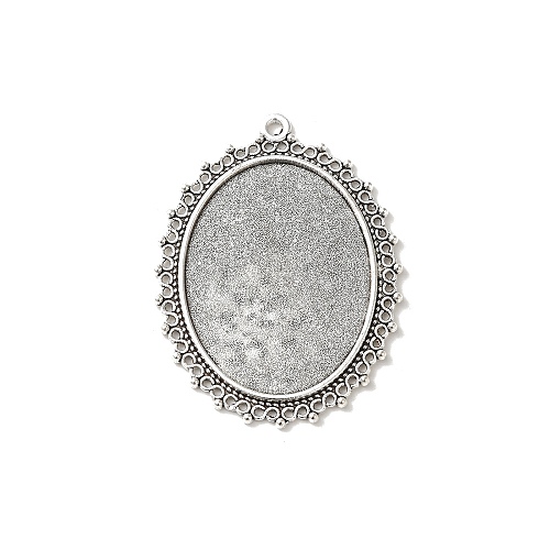 Tibetan Style Antique Silver Alloy Flat Oval Pendant Cabochon Settings X-TIBEP-M022-40AS-1